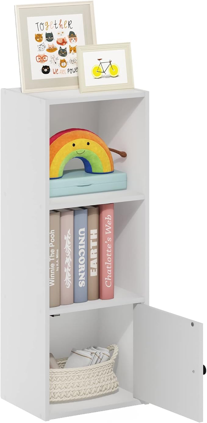 Furinno LUDER Book Shelf, 3-Tier Modern Bookshelf, Bookcase with 1 Door Storage Cabinet, 9.3" x 12" x 31.5", for Living Room, Bedroom, Home Office, White