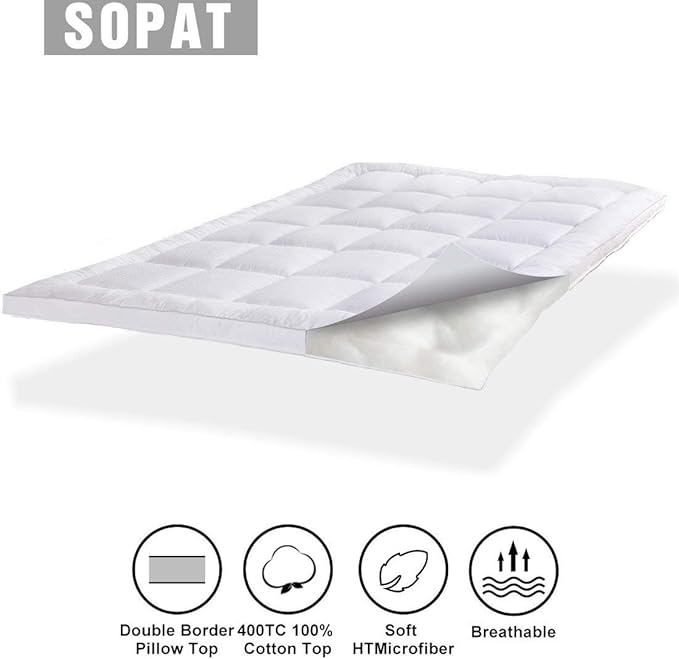 SOPAT Extra Thick Mattress Topper King 400TC Cotton Pillow Top Breathable Mattress Pad Protector with 8-22" Deep Pocket Soft Down Alternative Fill Mattress Cover (78x80 Inches, White)
