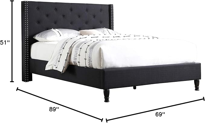 HomeLife Premiere Classics Cloth Black Linen 51" Tall Headboard Platform Bed with Slats Queen - Complete Bed 5 Year Warranty Included 007