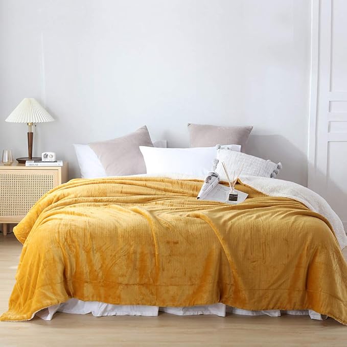 NANPIPER Bed Blanket Reversible Sherpa Flannel Throw Blanket Super Soft Fuzzy Plush Fleece Microfiber (90"x90" Ginger Yellow) Queen
