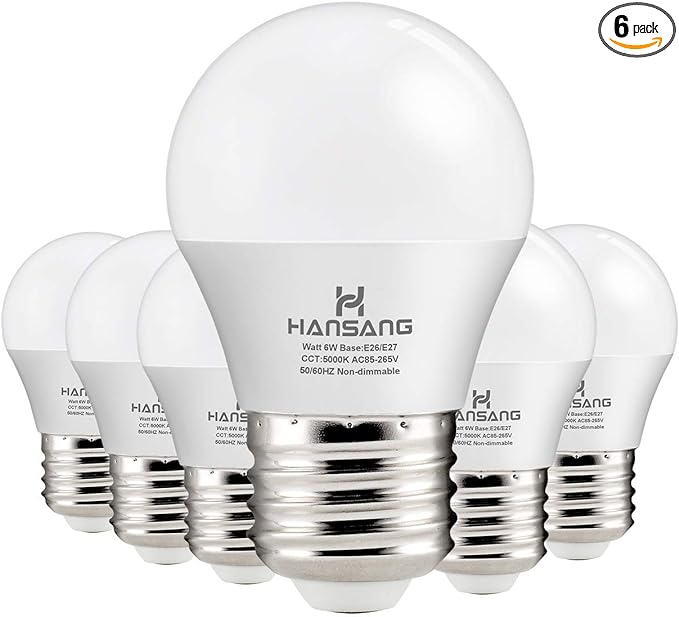 hansang A15 LED E26 Small Light Bulb, Daylight 5000K, 60Watt Equivalent Ceiling Fan Light Bulbs, E26 Standard Base Appliance Light Bulb, 600 Lumen, CRI85+, Eye Protection, 120V, Non-Dimmable 6 Pack