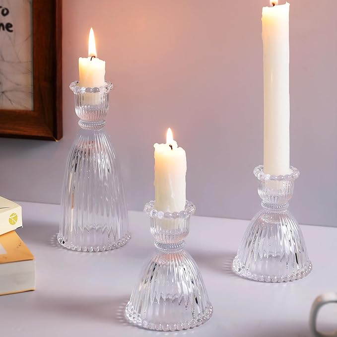 6 Pcs Clear Glass Candlestick Holders (3.5"/6", Assorted)- Tall Taper Candle Holders with Vintage Design, Candle Stick Holders in Bulk for Party Decorations, Glass Candle Holder for Tapered Candles