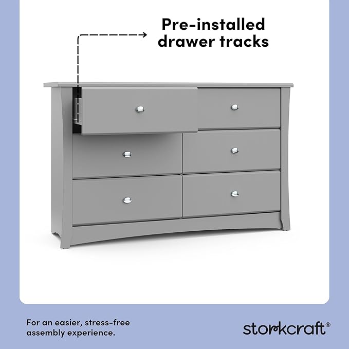 Storkcraft Crescent 6-Drawer Dresser (Pebble Gray) – GREENGUARD Gold Certified, Gray Dresser for Bedroom, Kids & Nursery Storage Chest, Safety Interlocking Drawers, Pre-Installed Tracks, Kids Chest