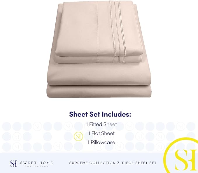 Twin Sheets - Breathable Luxury Sheets with Full Elastic & Secure Corner Straps Built In - 1800 Supreme Collection Extra Soft Deep Pocket Bedding Set, Sheet Set, Twin, Beige