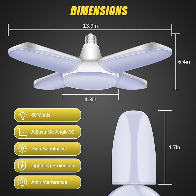 LED Garage Lights 4 Pack, 80W LED Shop Light with 4+1 Multi-Position Panels Deformable E26/E27 Ceiling Light, 6500k 8000LM Ceiling Led Daylight for Shop, Basement, Workshop, Attic, Barn