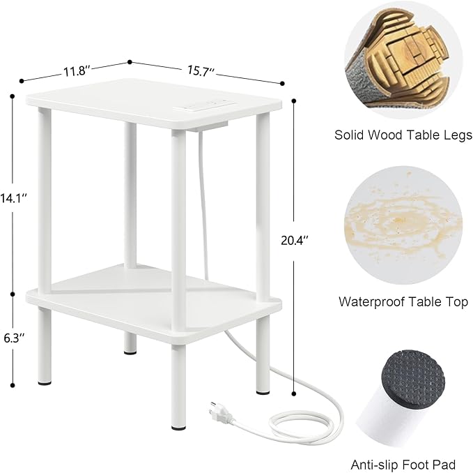Apicizon 2 Tier End Table Set of 2, Small Side Table with Charging Station, Boho Bedside Table with USB Ports and Outlets, Nightstand for Small Spaces, Bedroom, Living Room, Easy Assembly, White