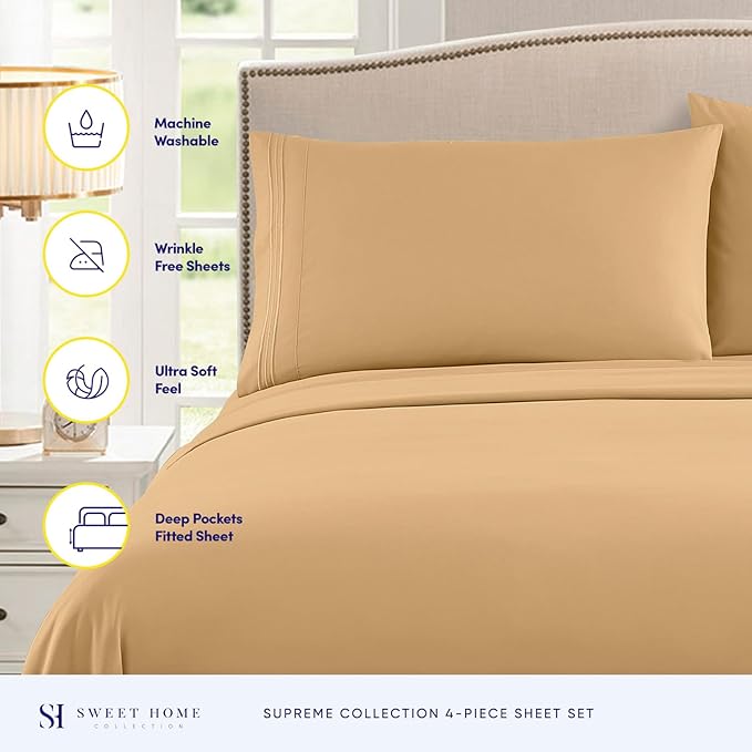 Twin Sheets - Breathable Luxury Sheets with Full Elastic & Secure Corner Straps Built In - 1800 Supreme Collection Extra Soft Deep Pocket Bedding Set, Sheet Set, Twin, Camel