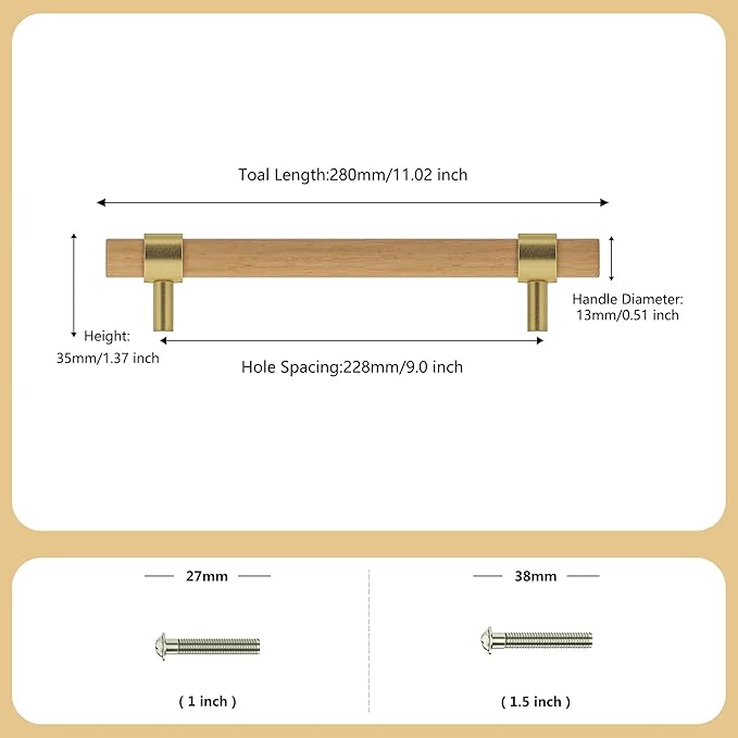 Wooden Drawer Pulls,4-Pack Beech Wood Drawer Handles 9in,Suitable for Kitchen, Living Room, Bedroom, Bathroom and Other Scenes,Gold