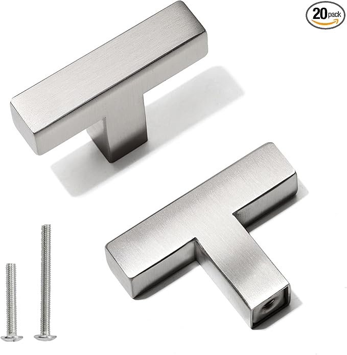 Cabinet Pulls Single Hole Cabinet Handles, 20 Pack Square Brushed Nickel Bar Cabinet Pulls Drawer Cabinet Knobs Cupboard Hardware Cabinet Handles, Stainless Steel Single Hole Cabinet Knobs