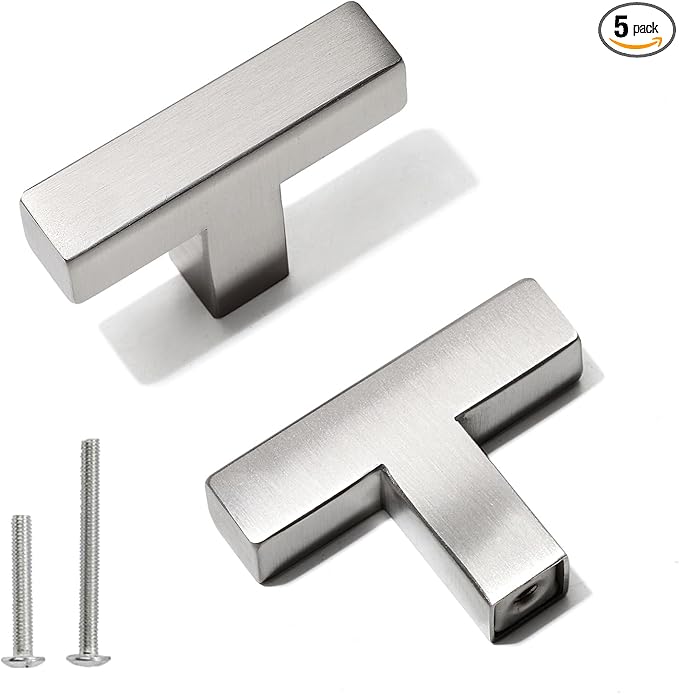 Cabinet Pulls Single Hole Cabinet Handles, 5 Pack Square Brushed Nickel Bar Cabinet Pulls Drawer Cabinet Knobs Cupboard Hardware Cabinet Handles, Stainless Steel Single Hole Cabinet Knobs