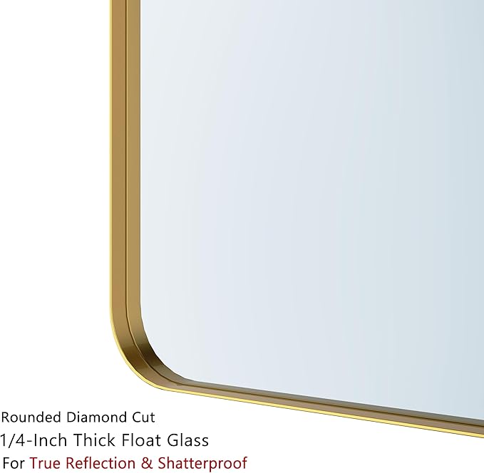 VocalStar Gold Bathroom Mirror for Wall, 24 x 32 Inch Metal Framed Rounded Rectangle Vanity Mirror Modern Farmhouse, 1/4-inch Shatterproof Glass | Ultra-Flush Hanging