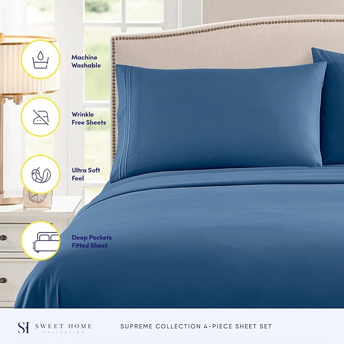 RV Queen Bed Sheets - Breathable Luxury Sheets with Full Elastic & Secure Corner Straps Built In - 1800 Supreme Collection Extra Soft Deep Pocket Bedding Set, Sheet Set, RV Short Queen, Denim