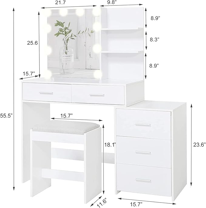 usikey 43.5in Large Vanity Desk with Mirror and 10 LED Lights, Makeup Vanity Table with Lights and 5 Drawers, White Vanity Table Vanity Set with Storage Shelves and Stool for Women Girls, White