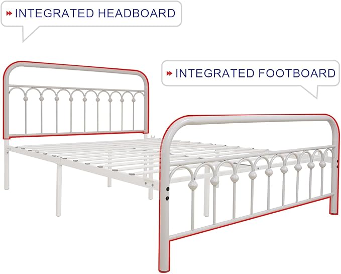 TUSEER Metal Bed Frame Queen Size with Vintage Headboard and Footboard Platform Base Wrought Iron Bed Frame (Queen,White)