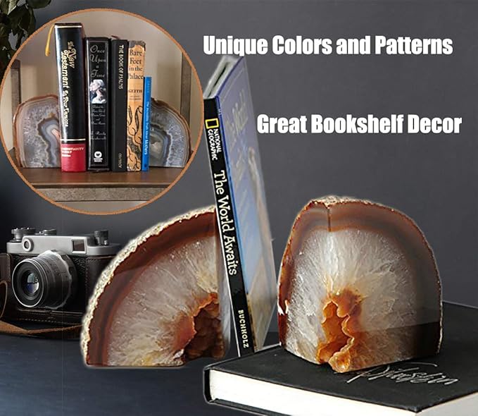 AMOYSTONE Agate Geode Bookends Decorative Crystal Stone Book Ends Heavy Duty Home Office Decor Nature Brown with Rubber Bumpers(1 Pair, 6-8 LBS)