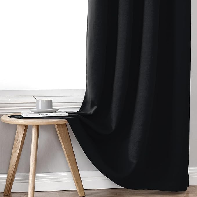 ChrisDowa 100% Blackout Curtains for Bedroom with Black Liner, 2 Thick Layers Total Blackout Thermal Insulated Grommet Window Curtains 2 Panels Set (Black, 52 x 63 Inch)