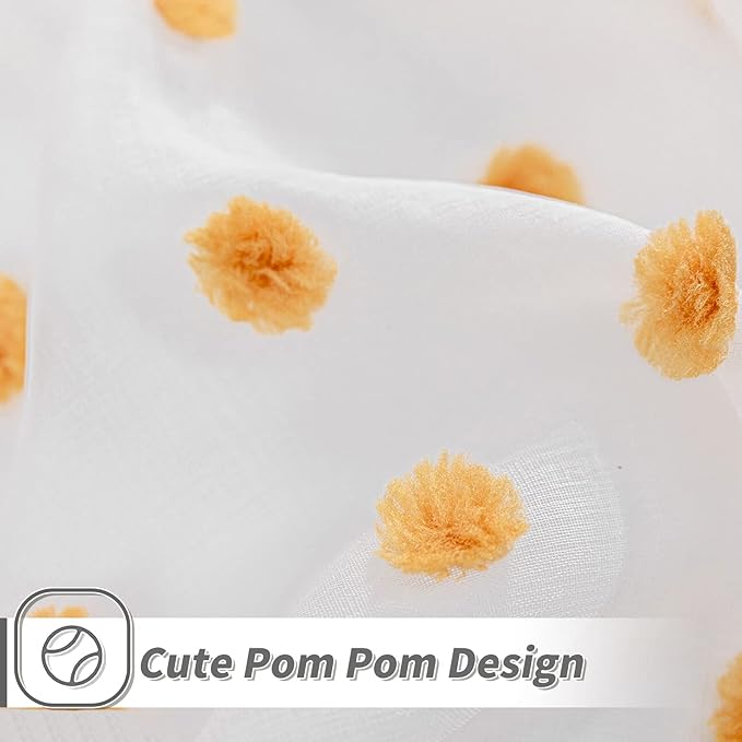 MYSKY HOME Burnt Orange Pom Pom Curtains for Bedroom, Small Windows, Light Filtering, White Sheer, Short Cafe, Bathroom Privacy, Rod Pocket, 52 x 45 inch, 2 Panels