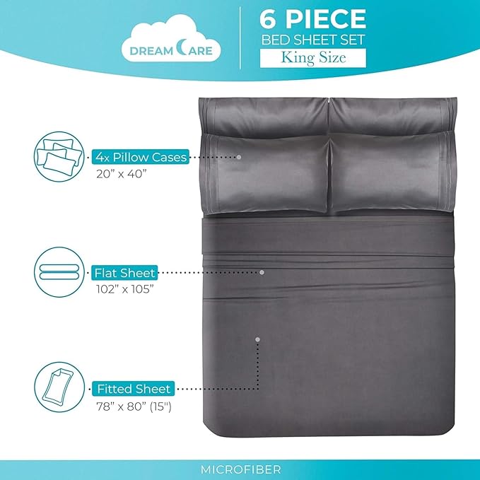 DREAMCARE Queen Sheet Set – 6 pcs Cooling Bed Sheets – up to 15” Deep Sheets Queen Size Bed Set – 2500 Supreme Collection – Extra Soft 100% Brushed Microfiber Hotel Luxury with Side Pocket – Gray