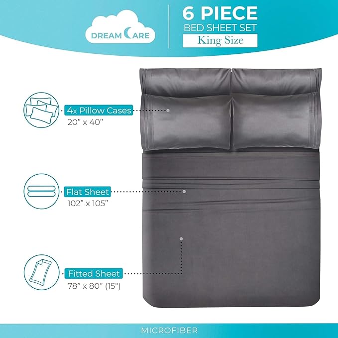 DREAMCARE Sheets Full Size Bed – 6 Pcs Deep Pocket Full Size Sheets Set - Cooling Bed Sheets – Full Sheet Set – Soft & Long Lasting – Extra Soft 100% Brushed Microfiber with Side Pocket – Gray
