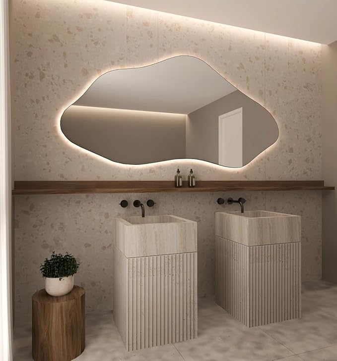 Asymmetrical Bathroom LED Mirror, Modern Irregular Shape Wall Mirror with LED Lights, Frameless Aesthetic Backlit LED Illimunated Vanity Mirror (43" x 21" inc)