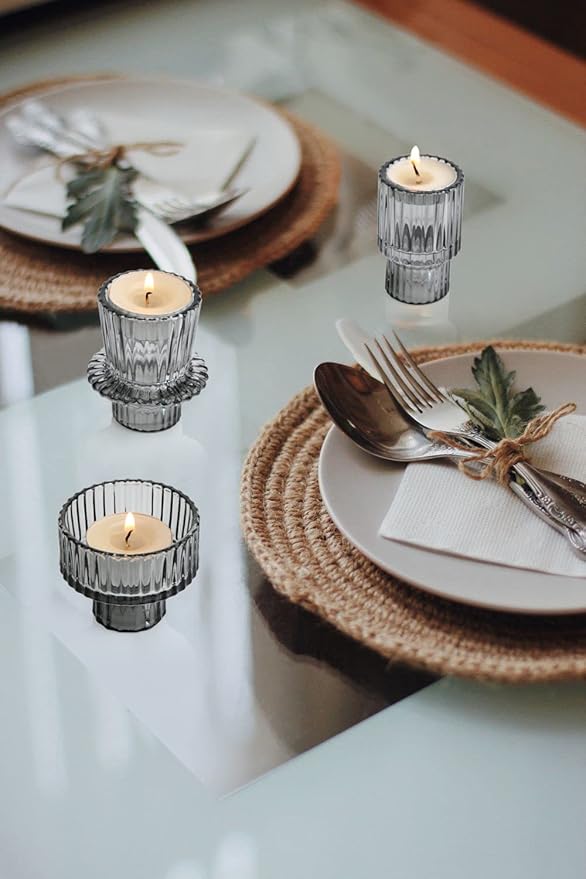 Vixdonos Taper Glass Candlestick Holders Tealight Candle Holders for Table Centerpieces, Wedding Decor and Dinner Party (3 Pcs, Gray)