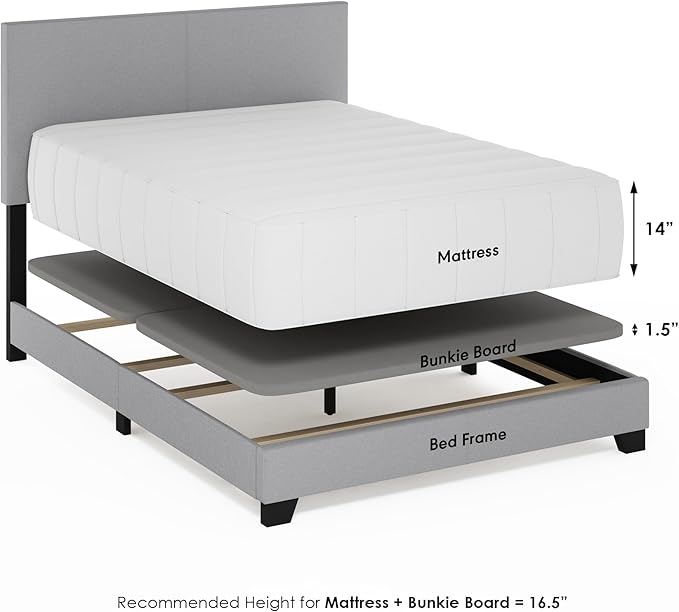 Furinno Pessac Fabric Upholstered Bed Frame with Wooden Slat Support, Full, Glacier