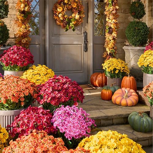 Artificial Mums for Outdoors, Faux Sunset Mum Flowers Planters for Indoor Outside Decor, Fake Look Real, Vibrant, UV Resistant, Waterproof, Windproof (Orange, 5 Bundle)