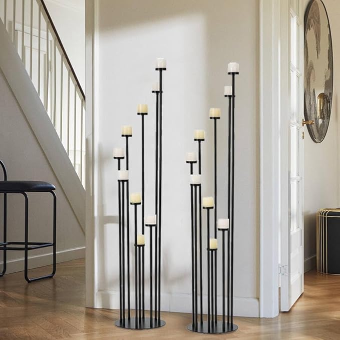 Set of 4 Floor Candle Holders,9 Arm Candle Holder for Fireplace Decoration,Black Metal Candle Stick Holders for Pillar Tealight Candles on Home Derecotion