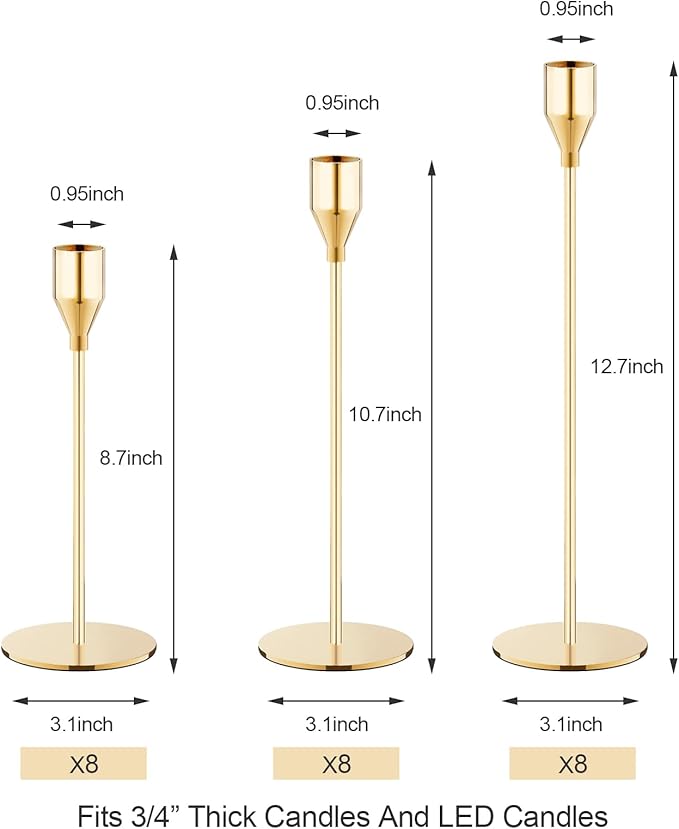French Gold Taper Candle Holders Set of 24 Candlestick Holders Bulk，Metal Candle Stick Holder Decor for Wedding, Dinning, Party or Anniversary, Fits 3/4 Inch Thick Candle