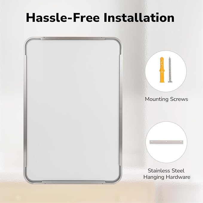 USHOWER Brushed Nickel Bathroom Mirror 30"x40", Silver Rectangle Mirror for Over Sink, Rounded Corner, Aluminum Frame, Anti-Rust, Tempered Glass, Horizontal or Vertical Mounted