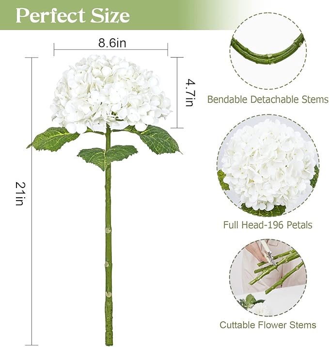 Waipfaru 21" Real Touch White Hydrangea Artificial Flowers with Long Stem & Leaves, Full Latex Faux Hydrangea Flowers for Home Decor Party Floral Arrangements Wedding Bouquets Centerpieces, 4Pcs