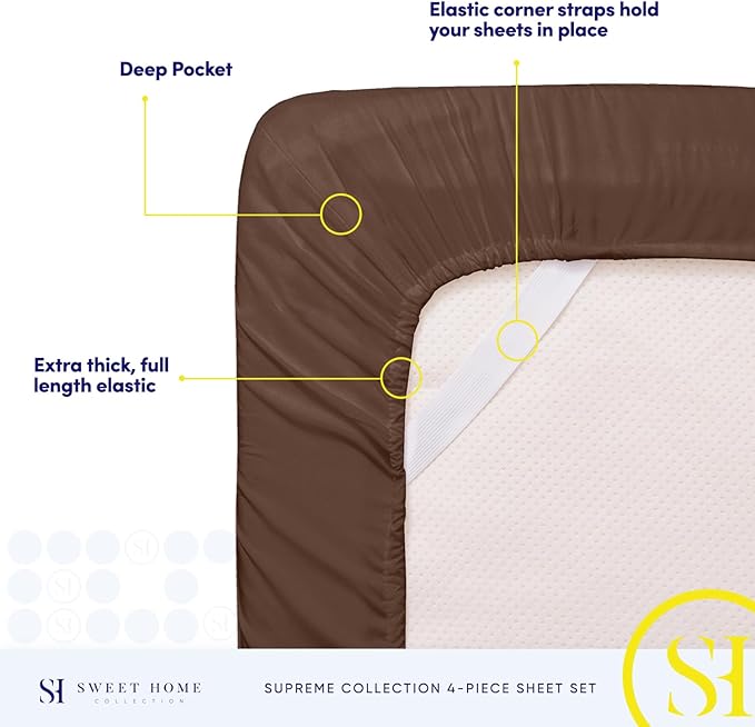 Twin XL Sheets - Breathable Luxury Sheets with Full Elastic & Secure Corner Straps Built In - 1800 Supreme Collection Extra Soft Deep Pocket Bedding Set, Sheet Set, Twin XL, Brown