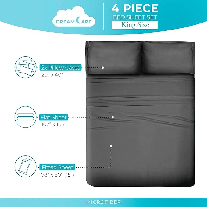 DREAMCARE Queen Size Sheets - Cooling Bed Sheets - 4pcs Set - up to 15" Deep Pocket Queen Sheet Set - Sheets Queen Size Bed - Soft & Long Lasting 100% Fine Brushed Polyester with Side Pocket - DGray