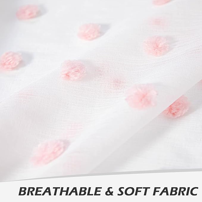 MYSKY HOME 72 Inch Long Pink Pom Pom White Sheer Curtains for Bedroom Curtains for Baby Nursery Door Curtains for Doorway 2 Panels Light Filtering Rod Pocket Semi Window Drapes 52 x 72 inch