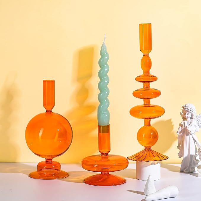 Rtteri 3 Pcs Glass Candlestick Holders Glass Candle Holders Groovy Wavy Elegant Taper Candle Stick for Wedding Home Birthday Party Christmas Halloween Decoration Windowsill Decor(Brown)