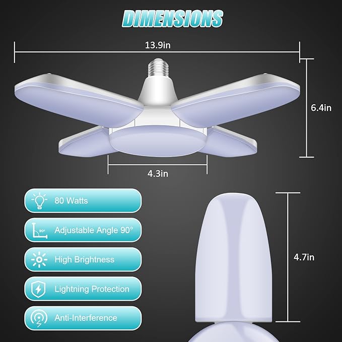 LED Garage Lights 2 Pack, New Upgrade 80W Deformable Shop Lights with 4 Adjustable Panels, E26/E27 LED Ceiling Light, 8000LM 6500K Hight Bay Light for Basement Warehouse Workshop