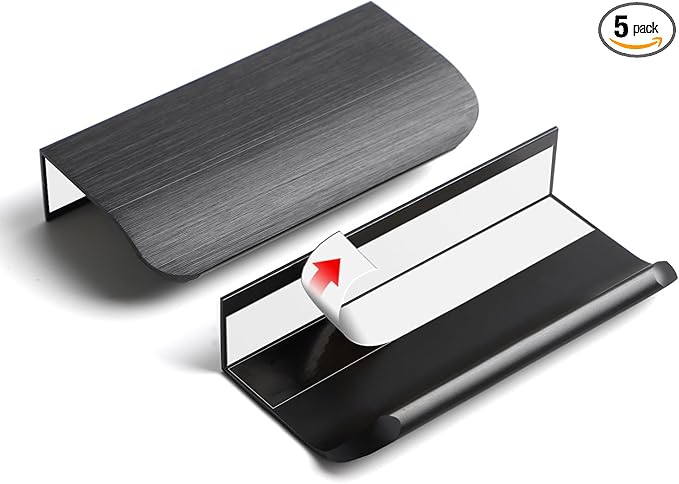5 Pack 3 inch self Adhesive Cabinet pulls Adhesive Cabinet Handles Drawer pulls Black Finger pulls Stick on Handles Concealed Finger pulls for cabinets Edge Pull Seam Flat Pull