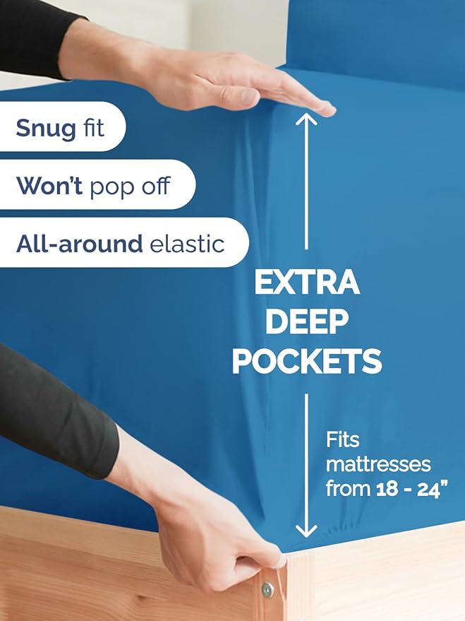 Extra Deep Twin Sheet Set - 4 Piece Breathable & Cooling Sheets - Hotel Luxury Bed Sheets Set - Easy & Secure Fit - Soft, Wrinkle Free & Comfy Sheets Set - Denim Blue Sheet Set with Extra Deep Pockets