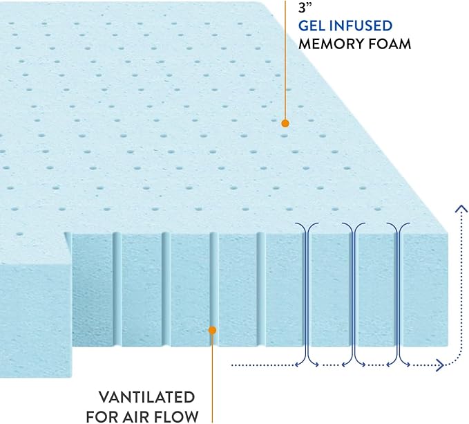 Best Price Mattress 3 Inch Ventilated Memory Foam Mattress Topper, Cooling Gel Infusion, CertiPUR-US Certified, Dorm Essentials, King