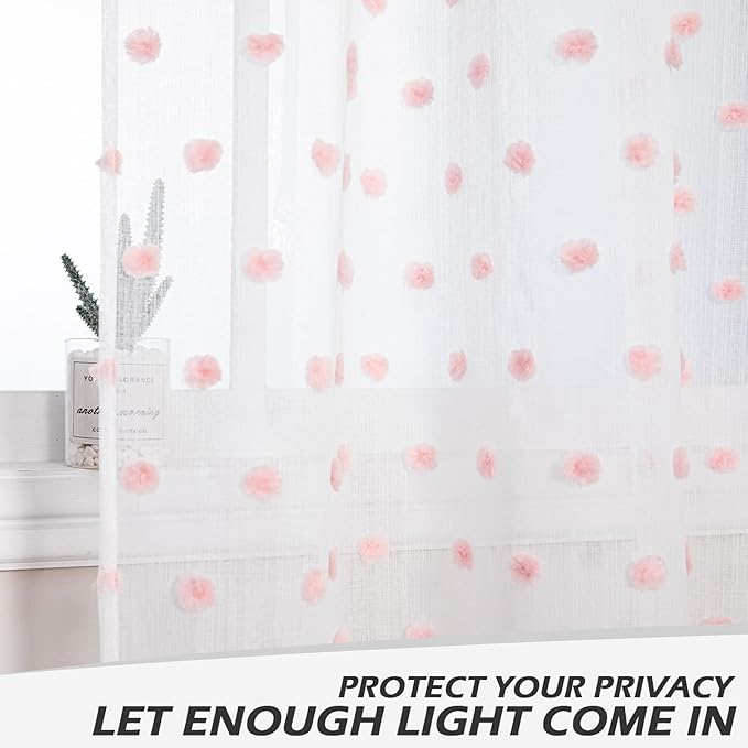MYSKY HOME 45 Inches Kitchen Curtains Small Window Curtains for Bathroom Cafe Bedroom Pink Pom Pom White Sheer Curtains for Nursery Room Rod Pocket 2 Pieces Drapes 52 x 45 inch Length