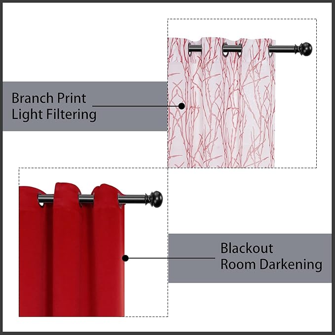 BONZER Mix and Match Curtains - 2 Pieces Branch Print Sheer Curtains and 2 Pieces Blackout Curtains for Bedroom Living Room Grommet Window Drapes, 37x95 Inch/Panel, Red, Set of 4 Panels