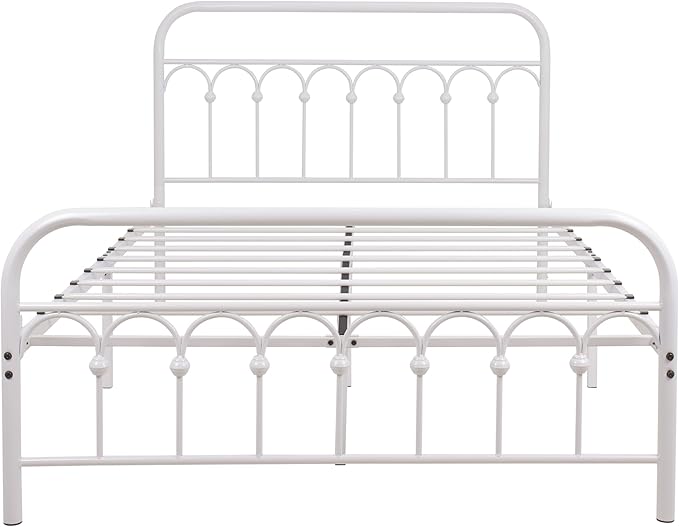 YALAXON Vintage Sturdy Full Size Metal Bed Frame with Headboard and Footboard Basic Bed Frame No Box Spring Needed (Full,White)