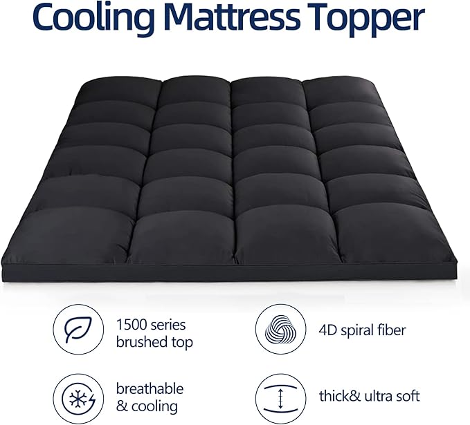 Mattress Topper California King for Back Pain, Extra Thick Mattress Pad Cover, Plush Pillow Top, Deep Elastic Pocket, Black