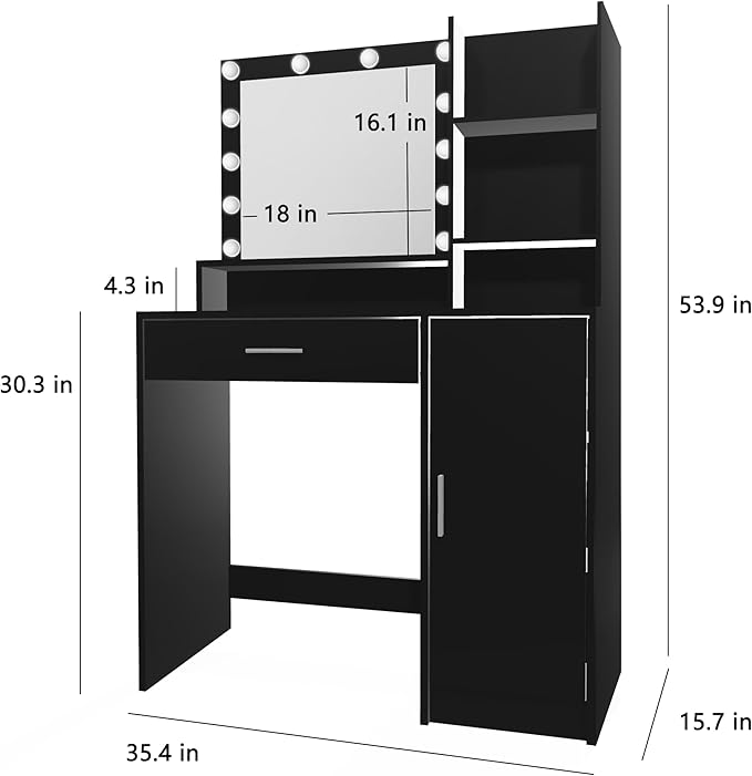 Vanity Desk with Mirror & Light, Large Drawer & Three Level Storage Dresser, 3 Lighting Modes Adjustable Brightness, Bedroom Dressing Table (Black)