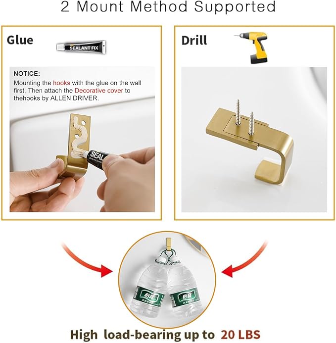 BESy Brass Clothes Hook Single Towel Hook for Bathroom Kitchen Garage Square Style Robe Hooks Coat and Hat Hook, Self Adhesive with Glue or Wall Mounted with Screws, Four Packs, Brushed Gold