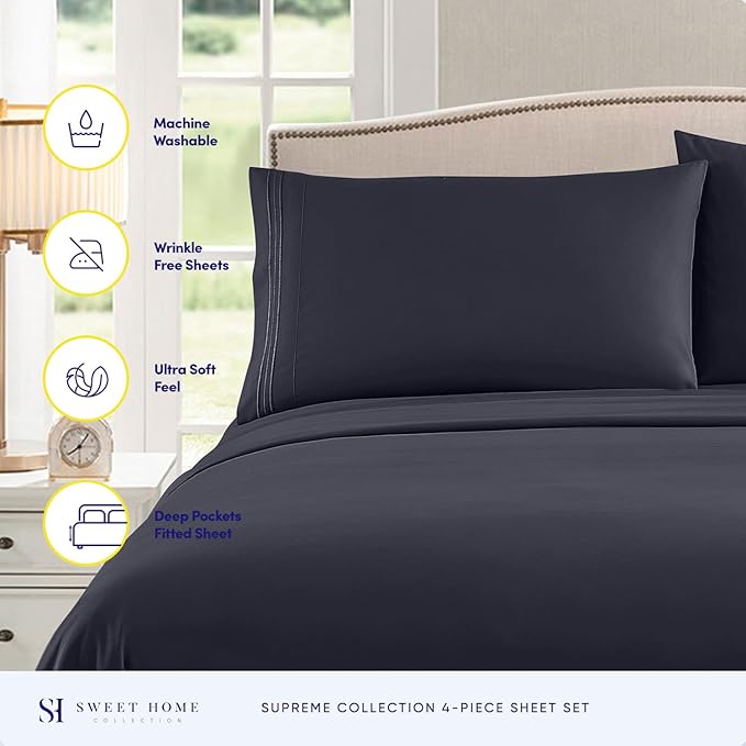 California King Sheet Sets - Breathable Luxury Sheets with Full Elastic & Secure Corner Straps Built In - 1800 Supreme Collection Cal King Deep Pocket Bedding Set, Sheet Set, California King, Navy