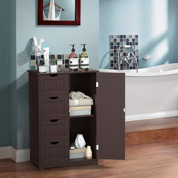Giantex Bathroom Storage Cabinet with Drawers - 4 Drawer Storage Organizer w/Cupboard, Adjustable Shelf, Anti-Toppling Device, Entryway Storage Unit Console Table, Bathroom Floor Cabinet (Brown)