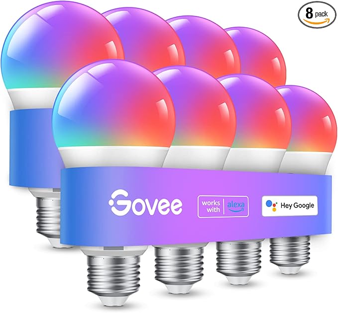 Govee Smart Light Bulbs, WiFi Bluetooth Color Changing Bulbs, Music Sync, 54 Dynamic Scenes, 16 Million DIY Colors RGB Light Bulbs, Work with Alexa, Google Assistant, 800 Lumen, 8 Pack