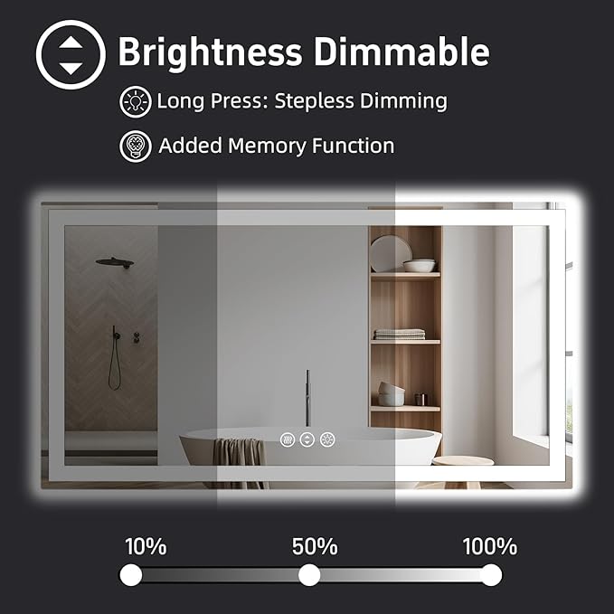 60"x 40" LED Bathroom Mirror with Lights, Front and Backlight, Dimmable Smart Mirror Bathroom, Anti-Fog, 3 Colors Lighted Bathroom Vanity Mirror for Wall Tempered Glass (Horizontal/Vertical)