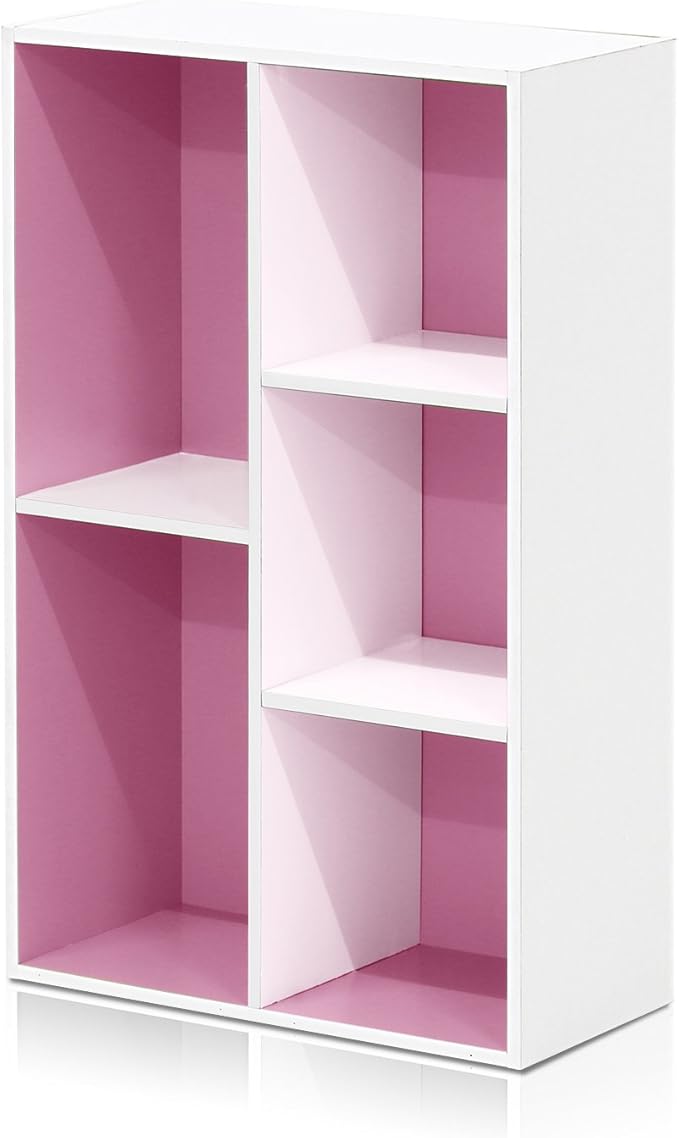 Furinno LUDER Book Shelf, 5-Cube Bookshelf, Reversible Bookcase, 9.4" x 19.5" x 31.5", for Living Room, Bedroom, Home Office, White/Pink